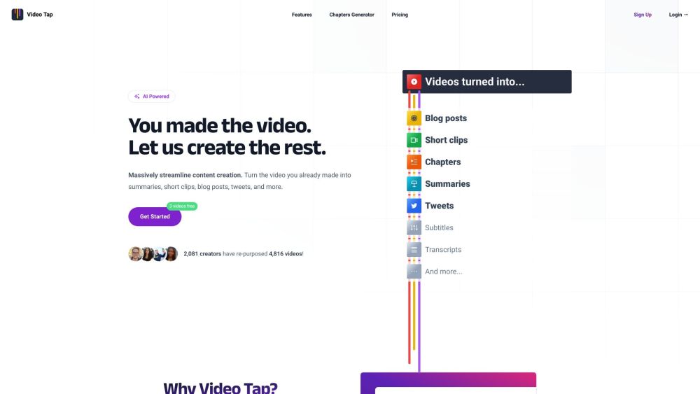 Video Tap Website screenshot