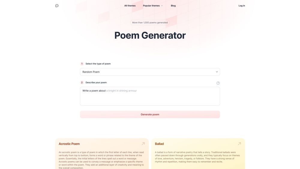 Screenshot der AI Poem Generator Website