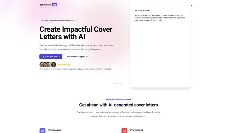 AI Cover Letters, Examples & Templates | coverletter.app