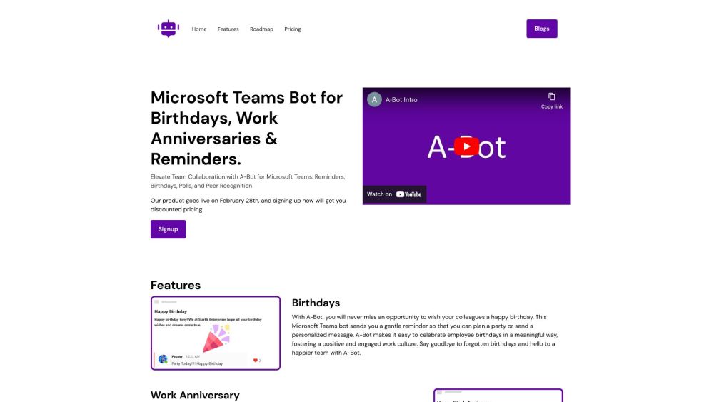 A-Bot | Polls, Recognition, Reminders & Birthdays on Microsoft Teams Website screenshot