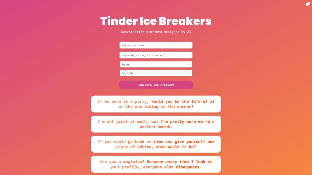 Screenshot der Tinder Ice Breakers AI-Website