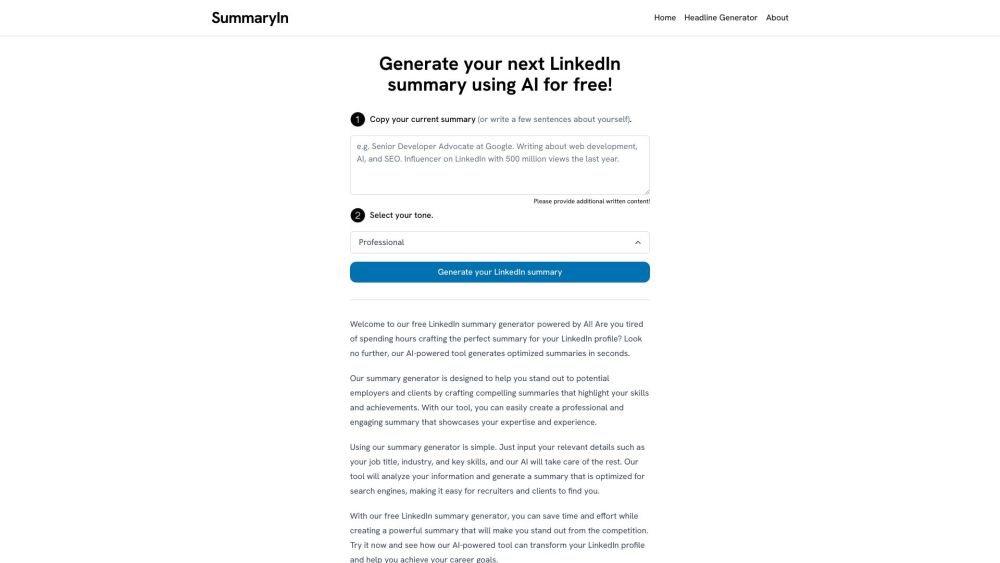 Screenshot der LinkedIn Zusammenfassung Generator Website