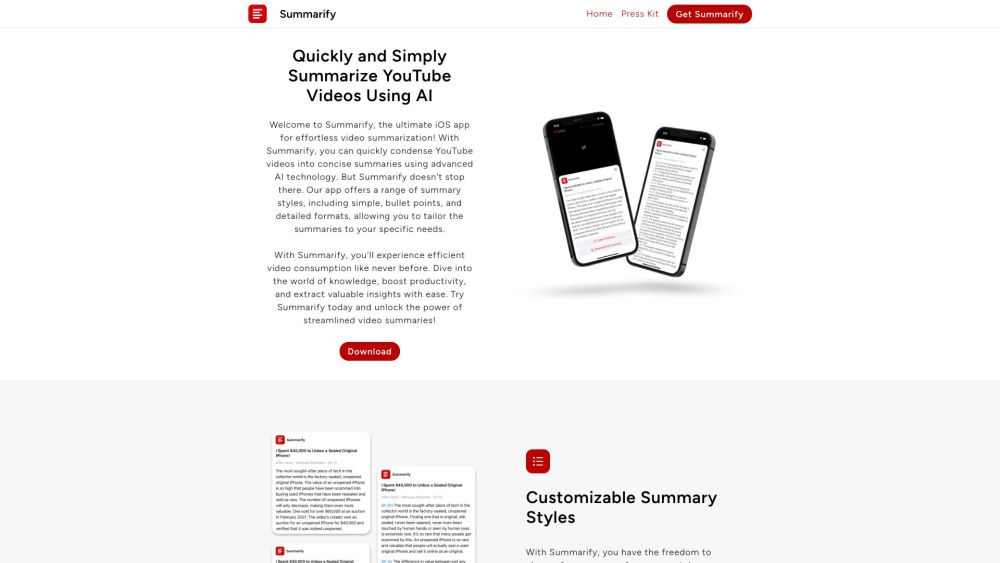 Summarify AI für YouTube Powered By ChatGPT Website Screenshot