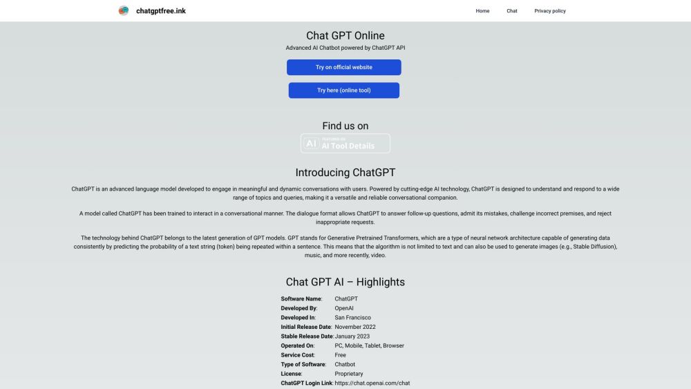 ChatGPT Free Website screenshot