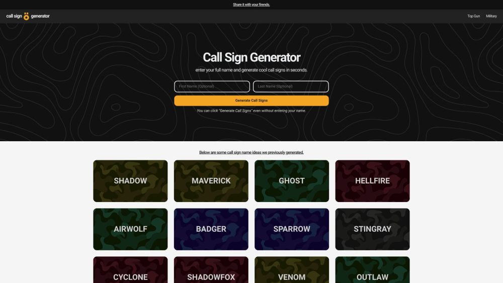 Call Sign Generator Website screenshot