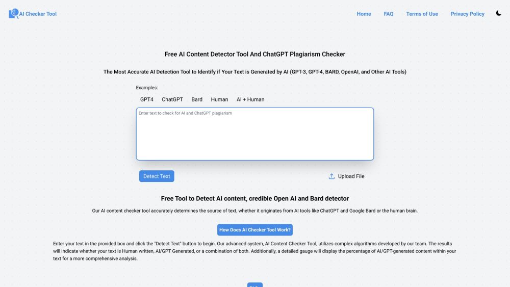 Free AI Content Detector Tool And ChatGPT Plagiarism Checker Website screenshot