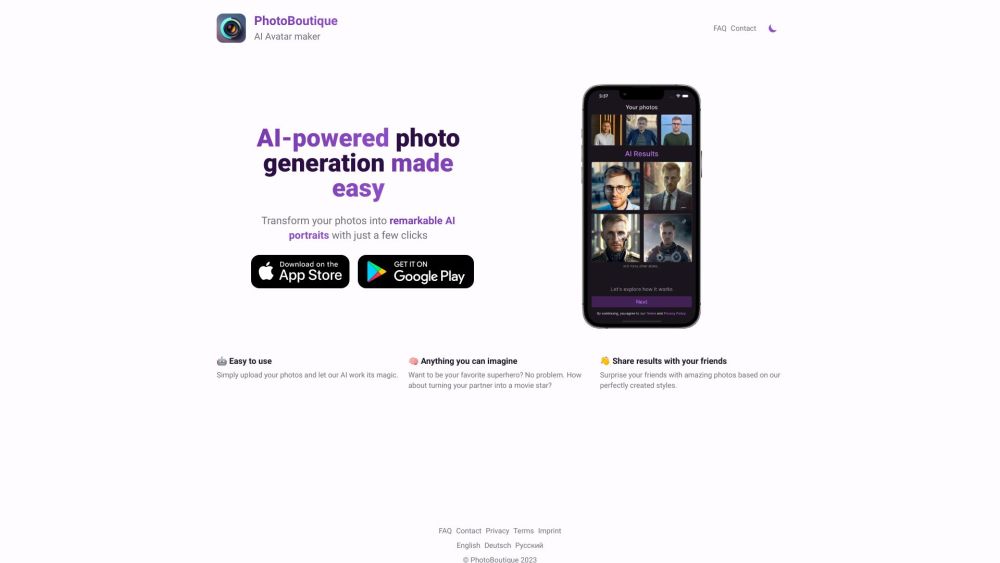 PhotoBoutique - AI Photo Generator Website screenshot