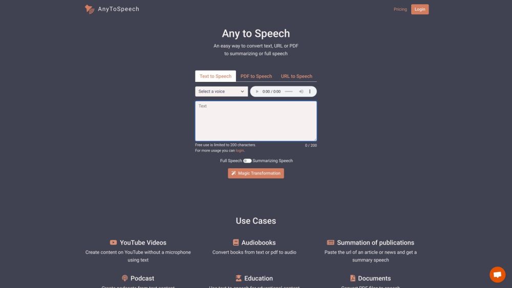 AnyToSpeech Website screenshot