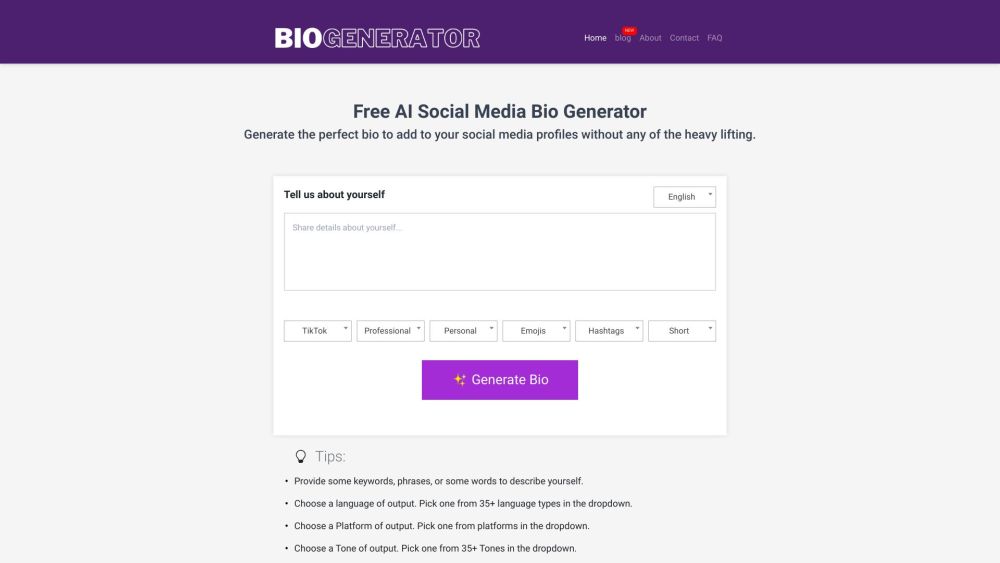 Social Media Bio Generator Website screenshot