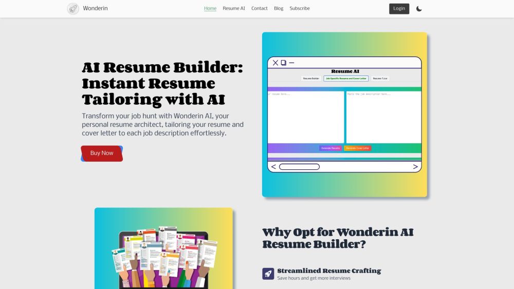 Wonderin AI Resume Builder Website screenshot