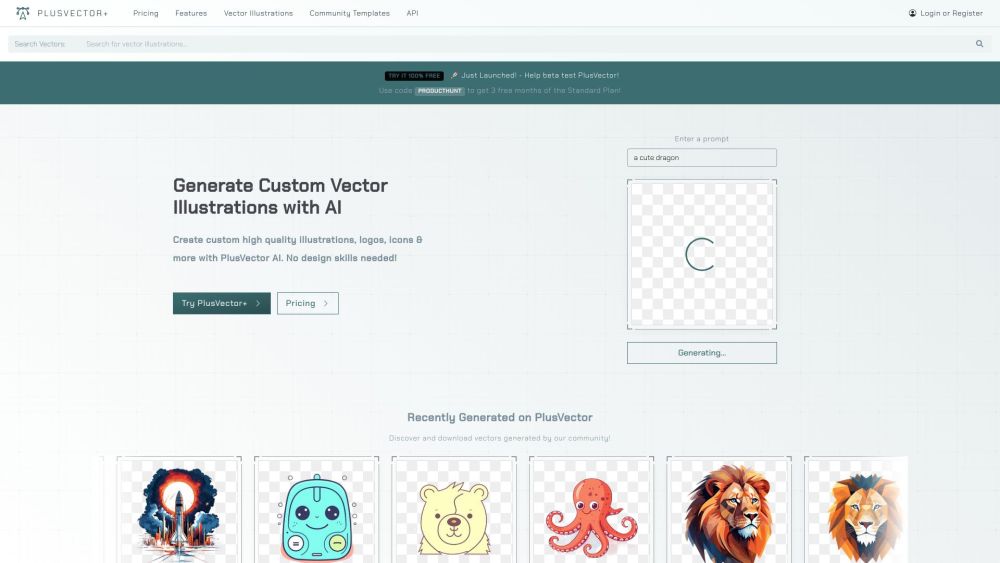 PlusVector | AI Vector Illustration Engine Website screenshot