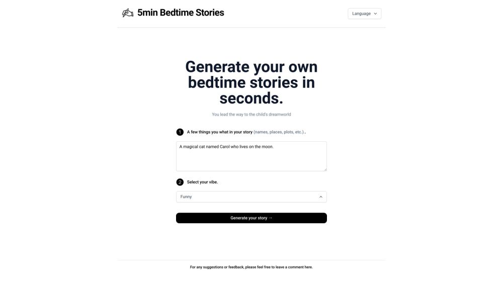 5minute Bedtime Stories Website screenshot