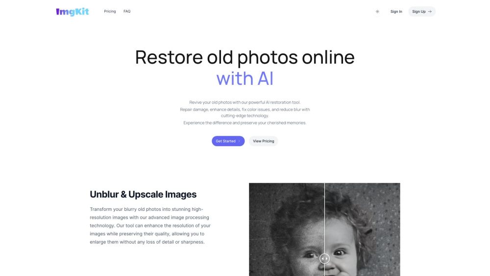 AI Old Photo Restoration Online - ImgKit Website screenshot