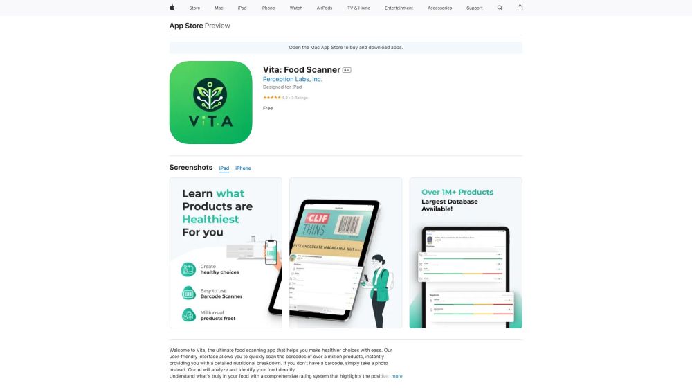 Vita: Food Scanner Website screenshot