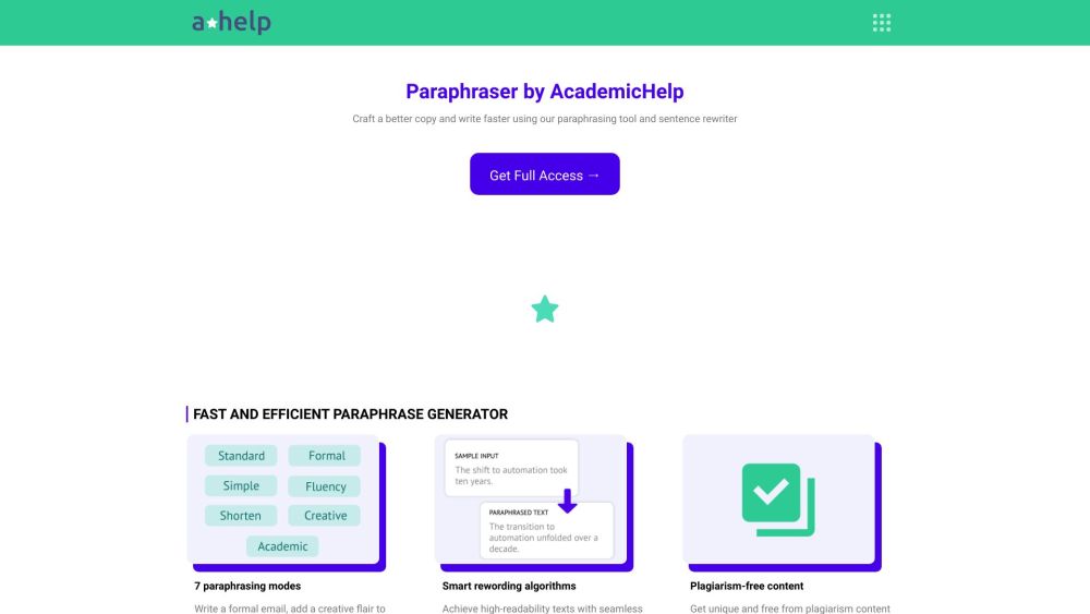 Paraphrasierungswerkzeug: Kostenloser Essay-Umformulierungstool von Academichelp Website Screenshot