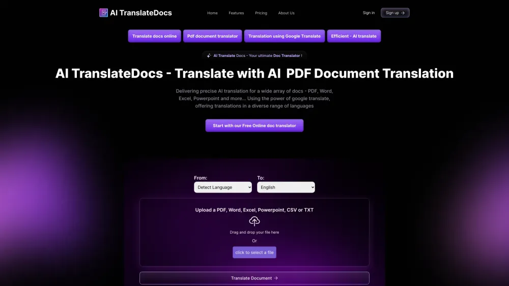 AI TranslateDocs Website screenshot