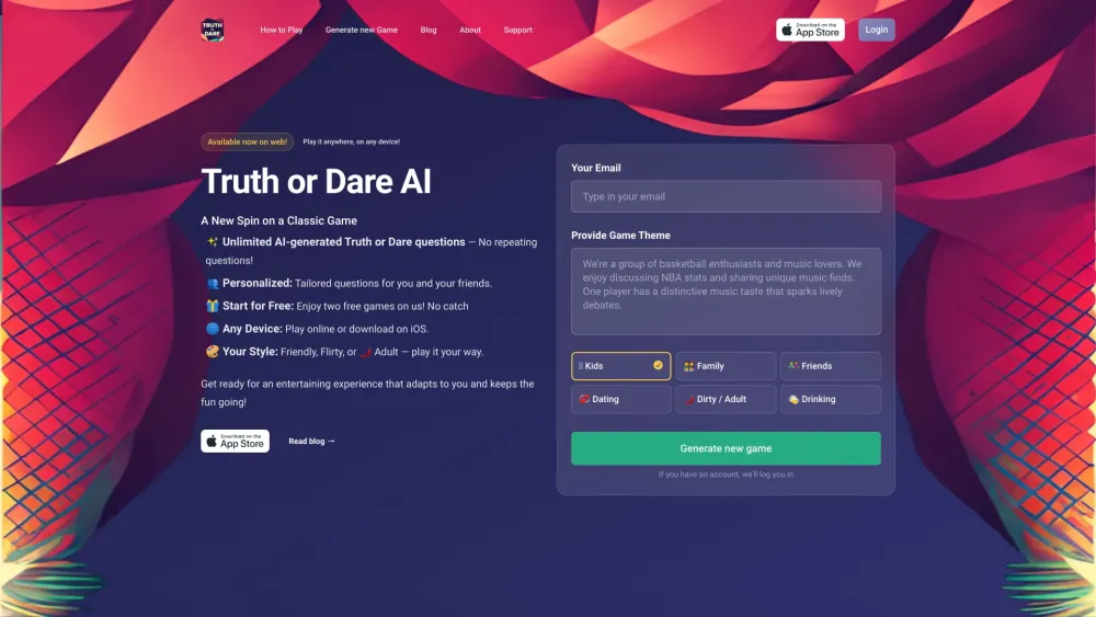 Truth or Dare AI Website screenshot