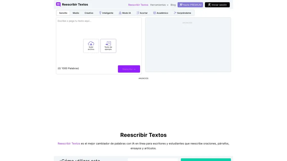 Reescribir Textos - Cambiador de Palabras Website screenshot