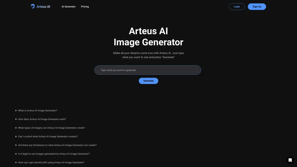 Arteus AI Image Generator Website screenshot