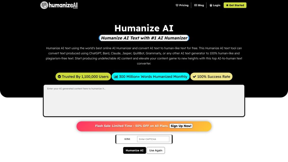 Humanize AI Textのウェブサイトのスクリーンショット