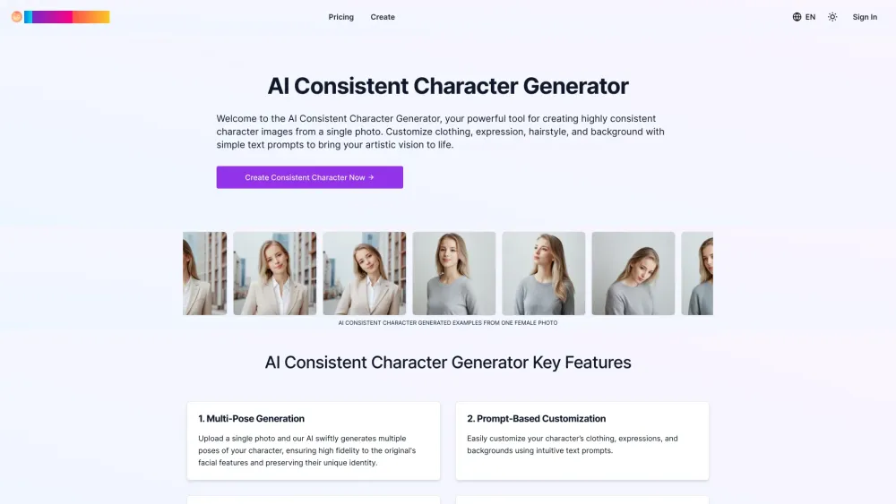 AI Consistent Character Generator Website screenshot