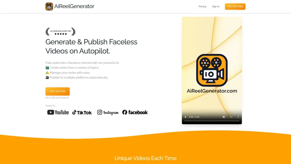 AiReelGenerator Website screenshot