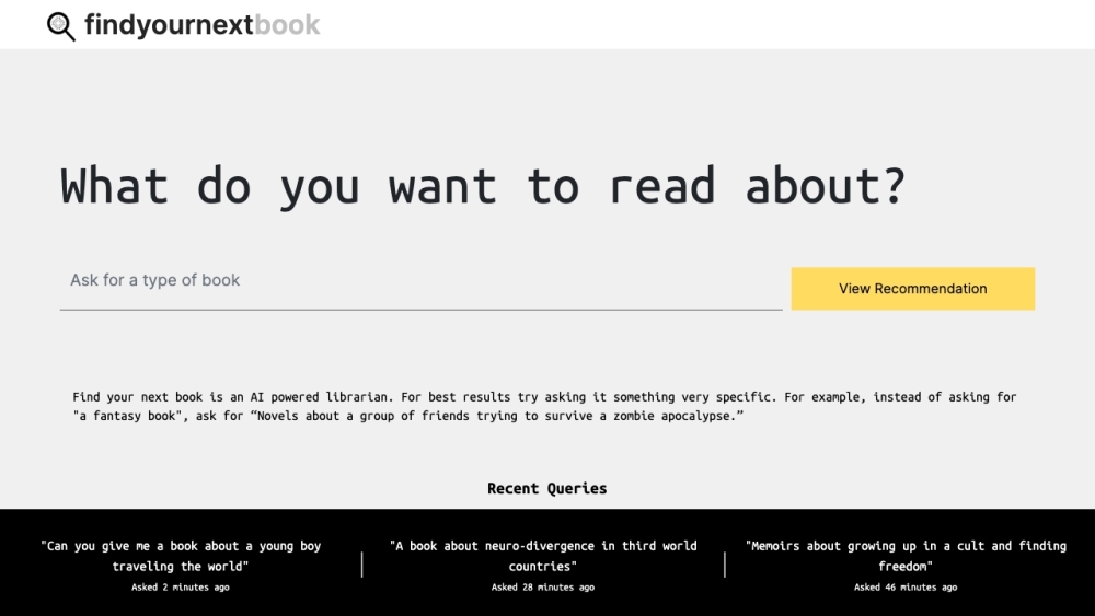 Screenshot der FindYourNextBook-Website