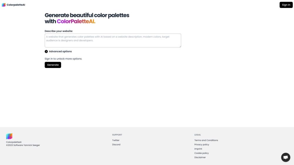 ColorpaletteAIのウェブサイトのスクリーンショット