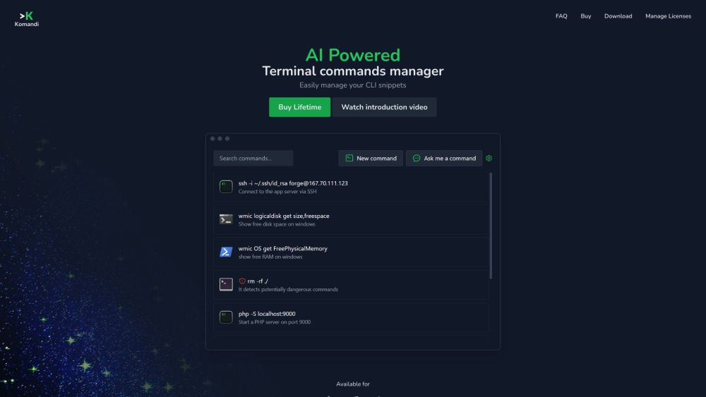 Komandi - AI Powered CLI/Terminal commands manager Website screenshot