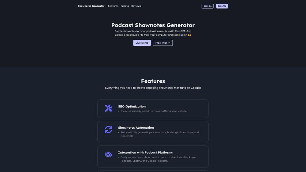 Podcast Show Notes Generator Website screenshot