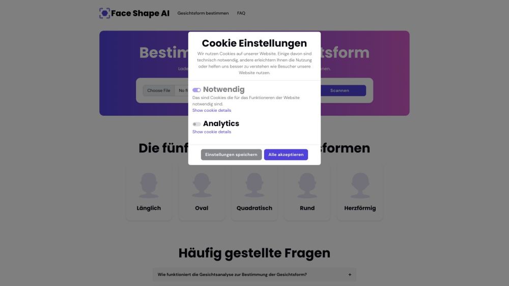 Screenshot der Face Shape AI-Website