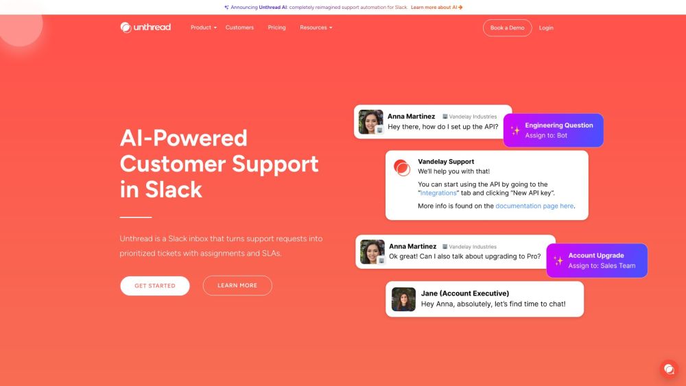 Unthread - AI Support in Slack Website screenshot