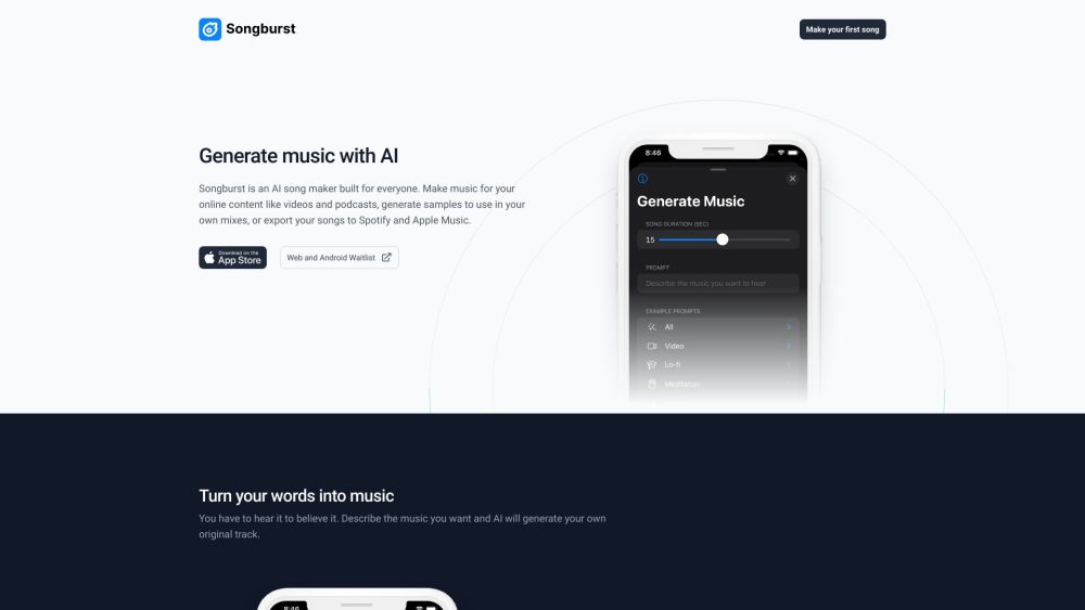 Songburst Website screenshot