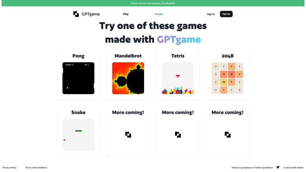 GPTGame Website screenshot