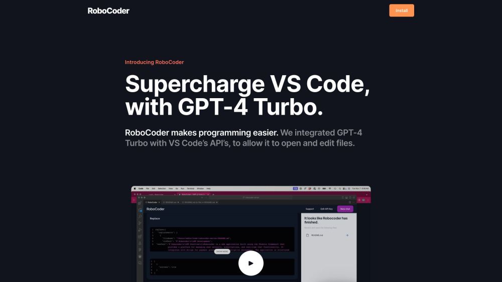 RoboCoder - GPT-4 Turbo in VS Codeのウェブサイトのスクリーンショット