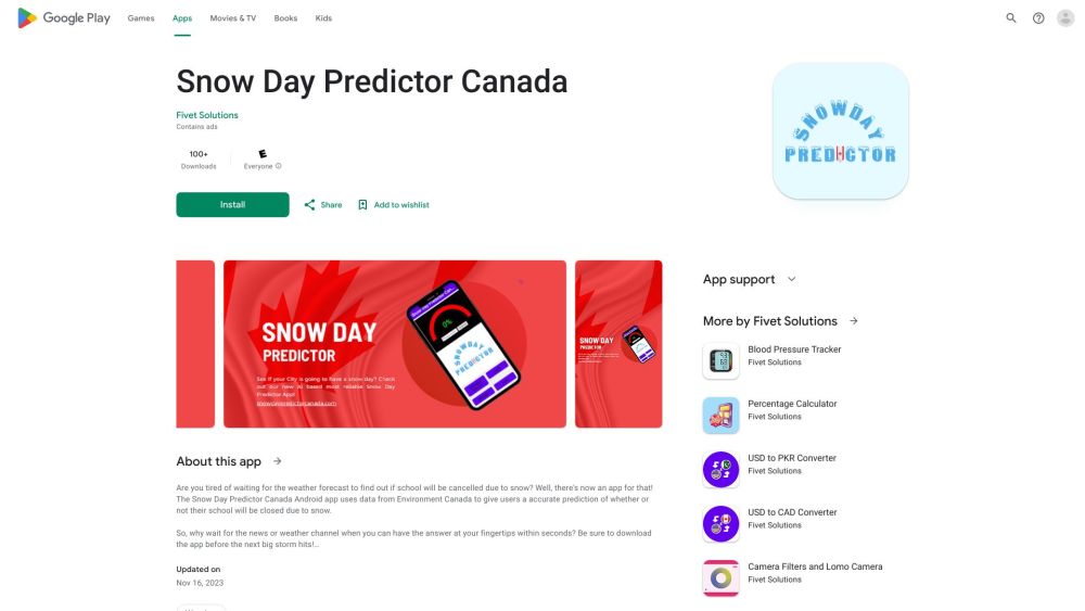 Screenshot der Snow Day Predictor Canada Website