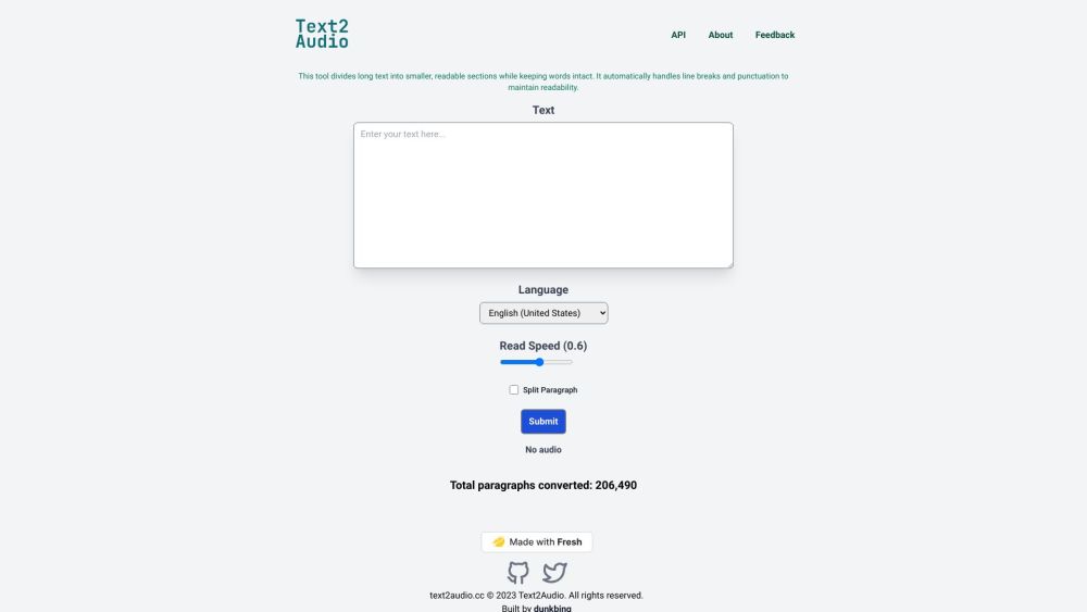 Text2Audio Website screenshot