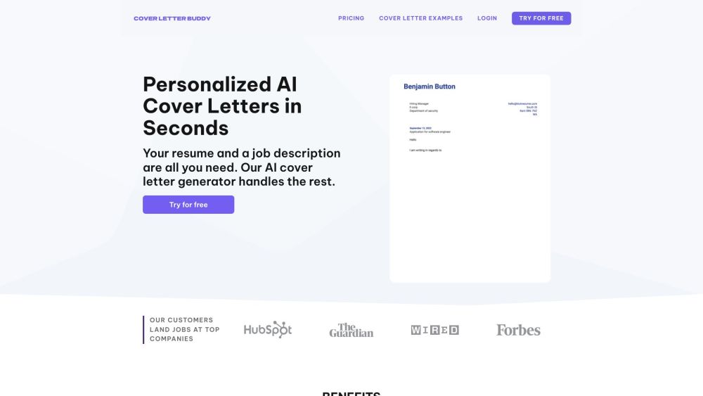 Free AI Cover Letter Website screenshot