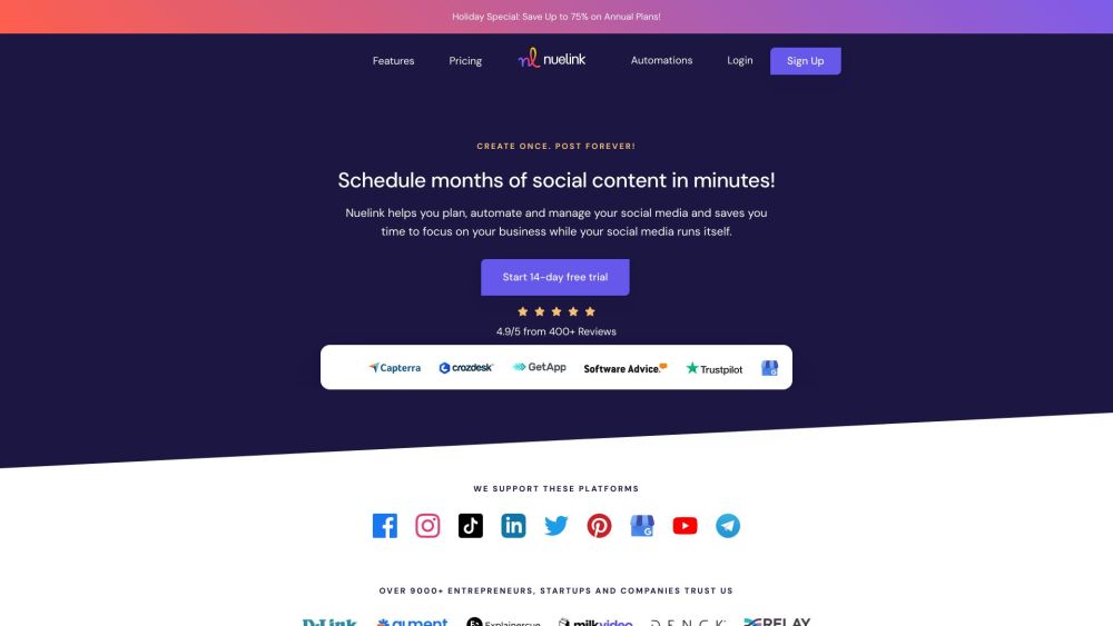 Nuelink - Social Media Scheduling and Automation Tool Website screenshot