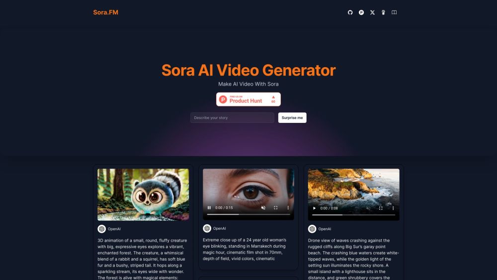 Sora AI Video Generator Website screenshot