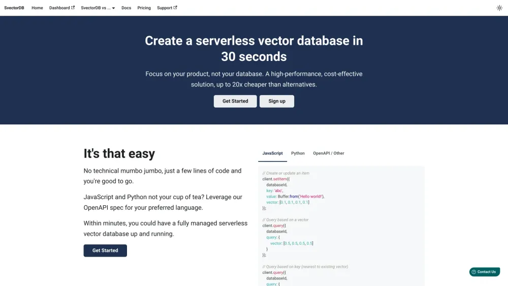 SvectorDB Website screenshot