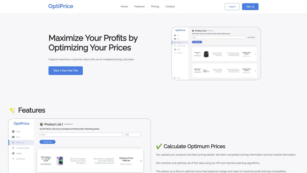 OptiPrice Website screenshot