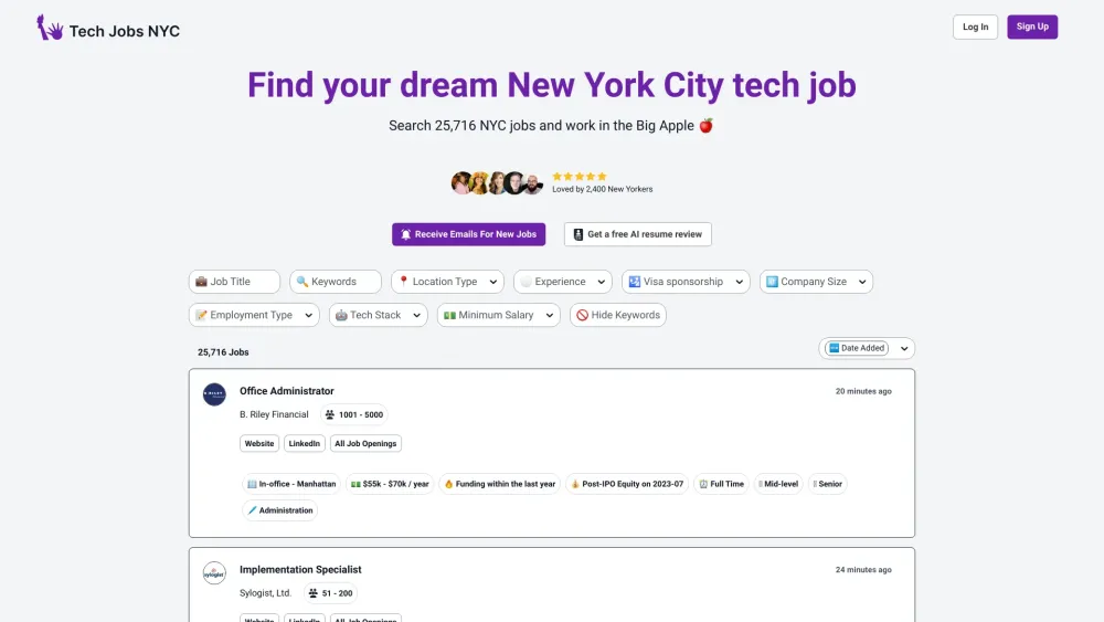 Tech Jobs NYCのウェブサイトのスクリーンショット