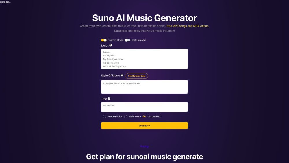 Suno AI Music Generator By SunoAI Website screenshot