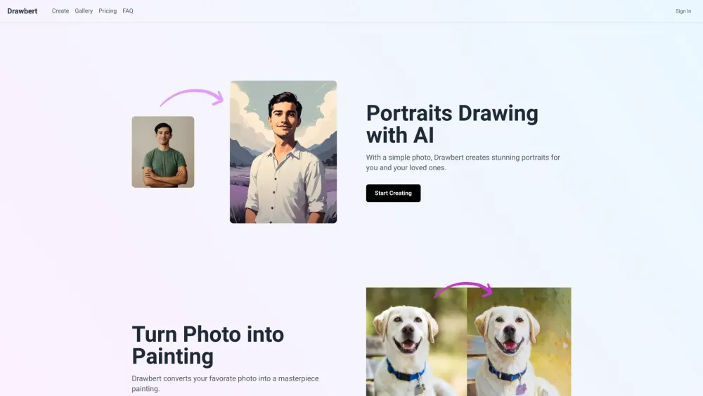 Drawbert - A Portrait Artist AI Website screenshot