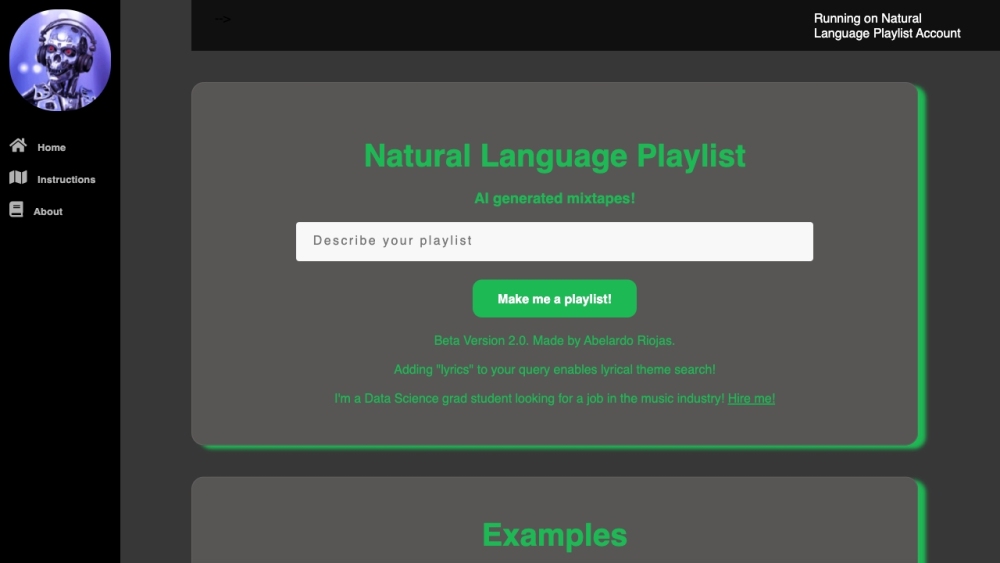 Screenshot der Natural Language Playlist-Website