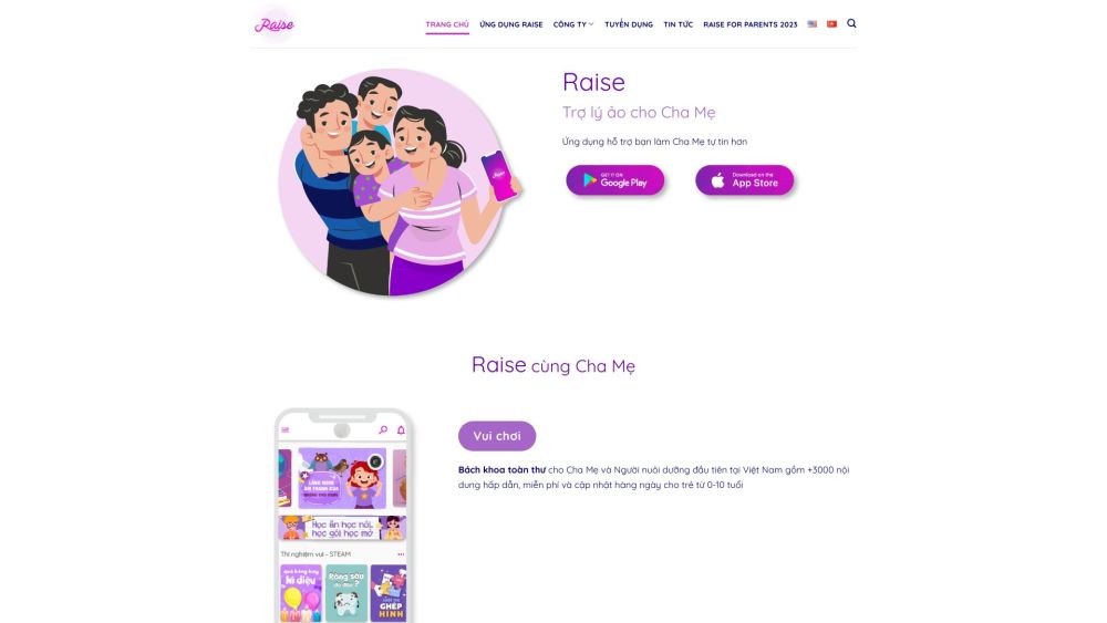 Raise | Trợ lý ảo cho cha mẹ Website screenshot