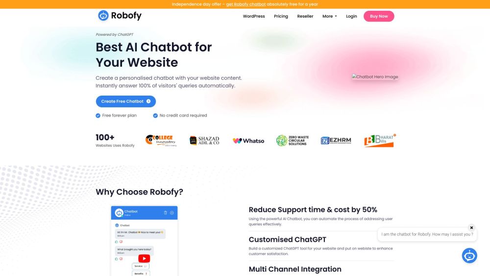 AI Chatbot Builder für Ihre Website - Robofy Website Screenshot