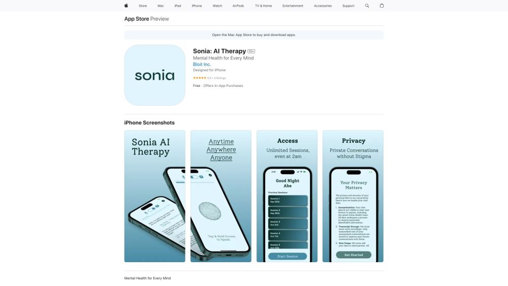 Sonia: AI Therapy Website screenshot