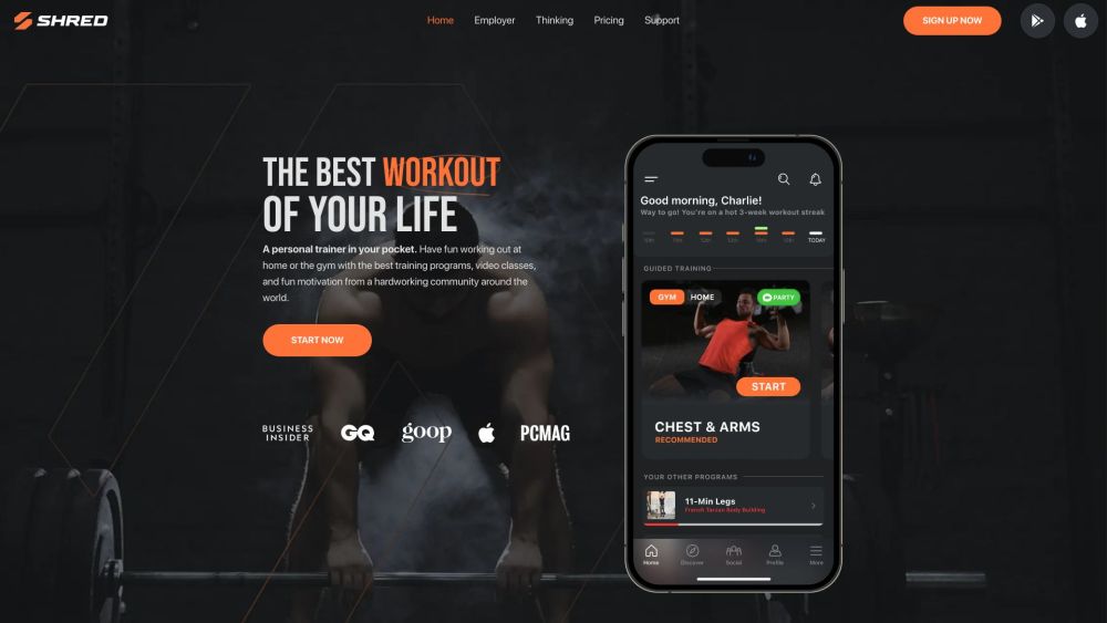 SHRED: Home & Gym Workouts App Website screenshot